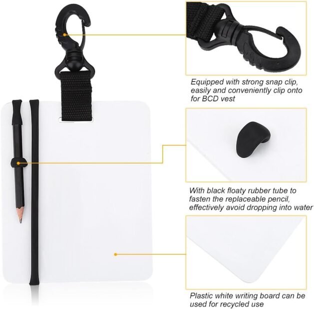 Diving Writing Board,Underwater Writing Slate Board,15.3 x 12.5 x 0.3cm Scuba Diving Write Slate Gear with Swivel Clip and Pencil for Water Sports Diving Swimming Lavagna Subacquea dive slate